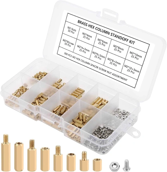 طقم فواصل نحاسية سداسية M3 (3 مم) - 300 قطعة - مع براغي وصواميل / 300pcs M3 Brass Hex Column Standoff Spacer Screw Nut Kit