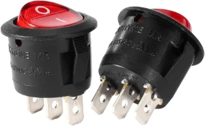 مفتاح متأرجح دائري احمراللون (تشغيل - إيقاف) 3 دبابيس / Illuminated SPST 3pin Rounded Rocker Switch 250vac 6A  Red 12MM