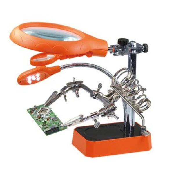حامل للوحات الالكترونية وكاوية اللحام وعدسة مكبرة مع انارة /  Magnifier Magnifying Glass Helping Hand Soldering Stand with 3 Lens - Orange